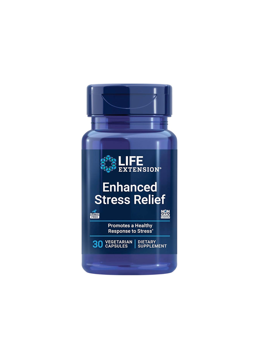 Kapselbehandling Life Extension Stress Relief i blå plastflaska med kapsellock