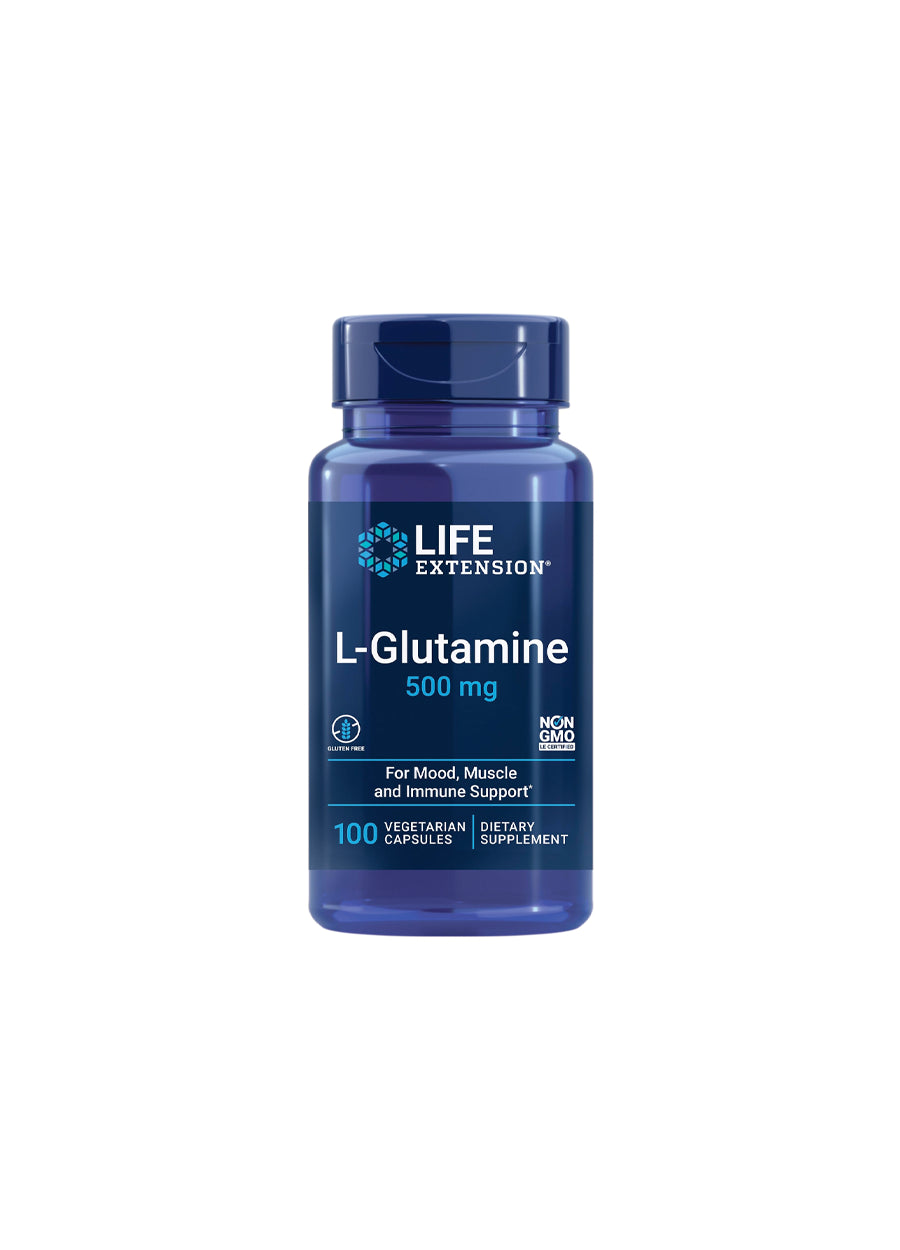 Life Extension L-Glutamin 500 mg kapseltillskott i blå flaska med lock, 100 kapslar