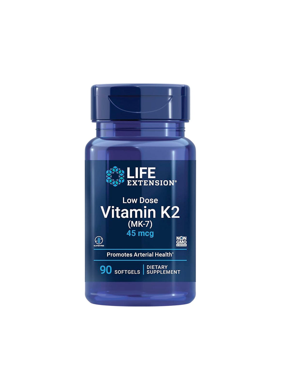 Life Extension Vitamin K2 låg dos 45 mcg, 90 mjukgelkapslar i blå flaska
