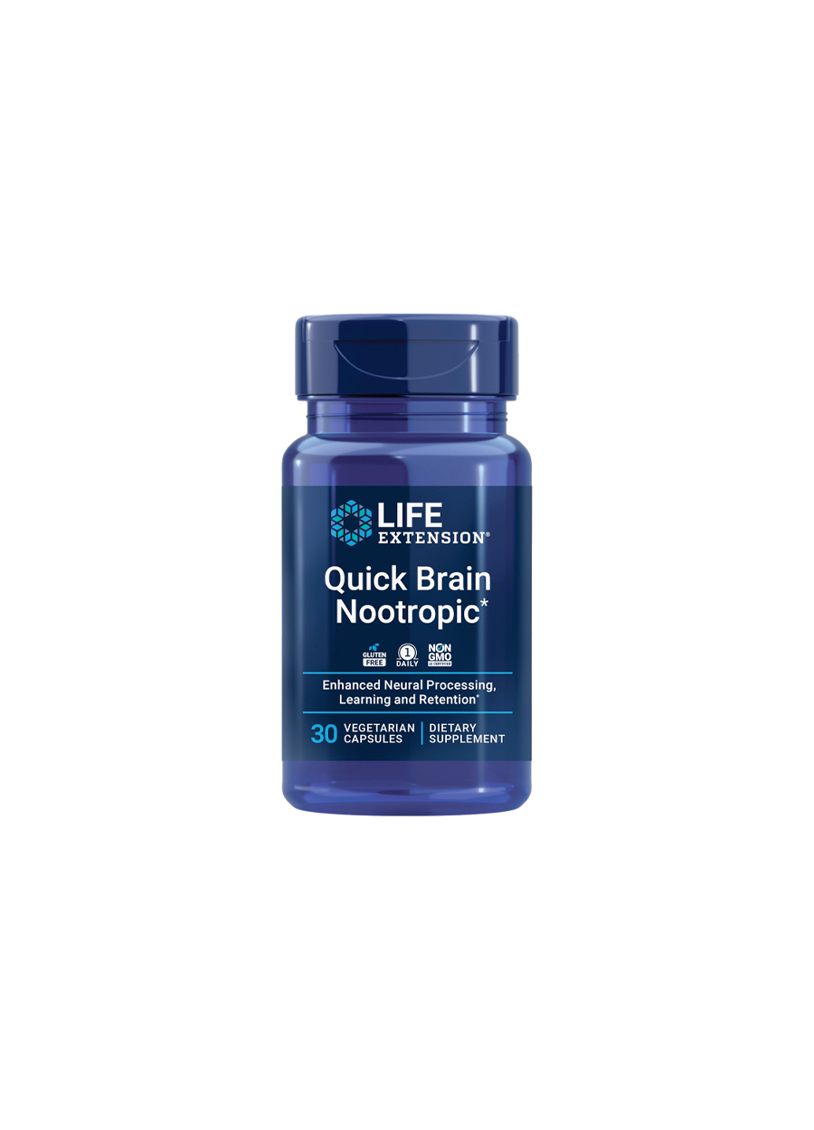 Tillskottflaska med blå etikett för Quick Brain Nootropic, 30 kapslar
