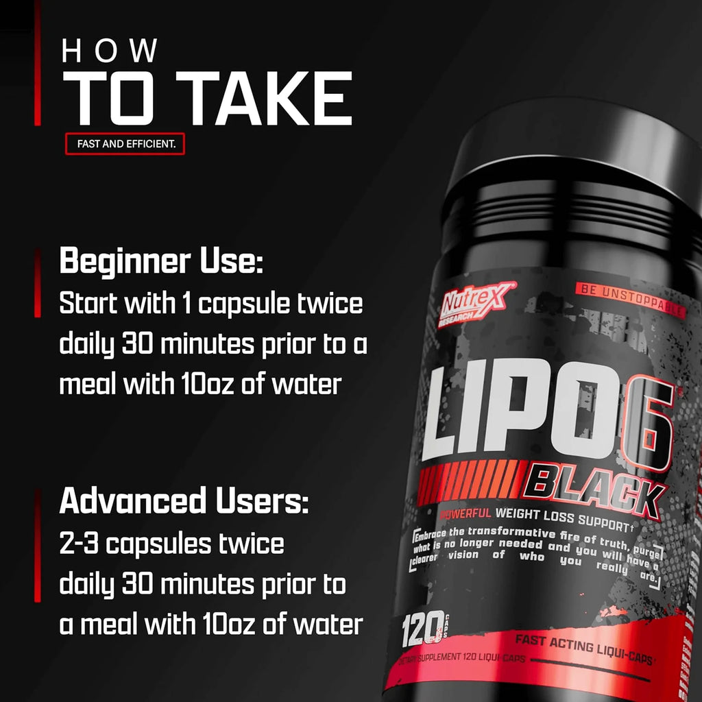 Nutrex Lipo-6 Black kapselburk i närbild med instruktionstext, röd och svart