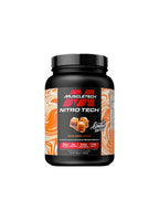 Whey protein-burk i svart med orange etikett och svart lock från MuscleTech Nitro-Tech