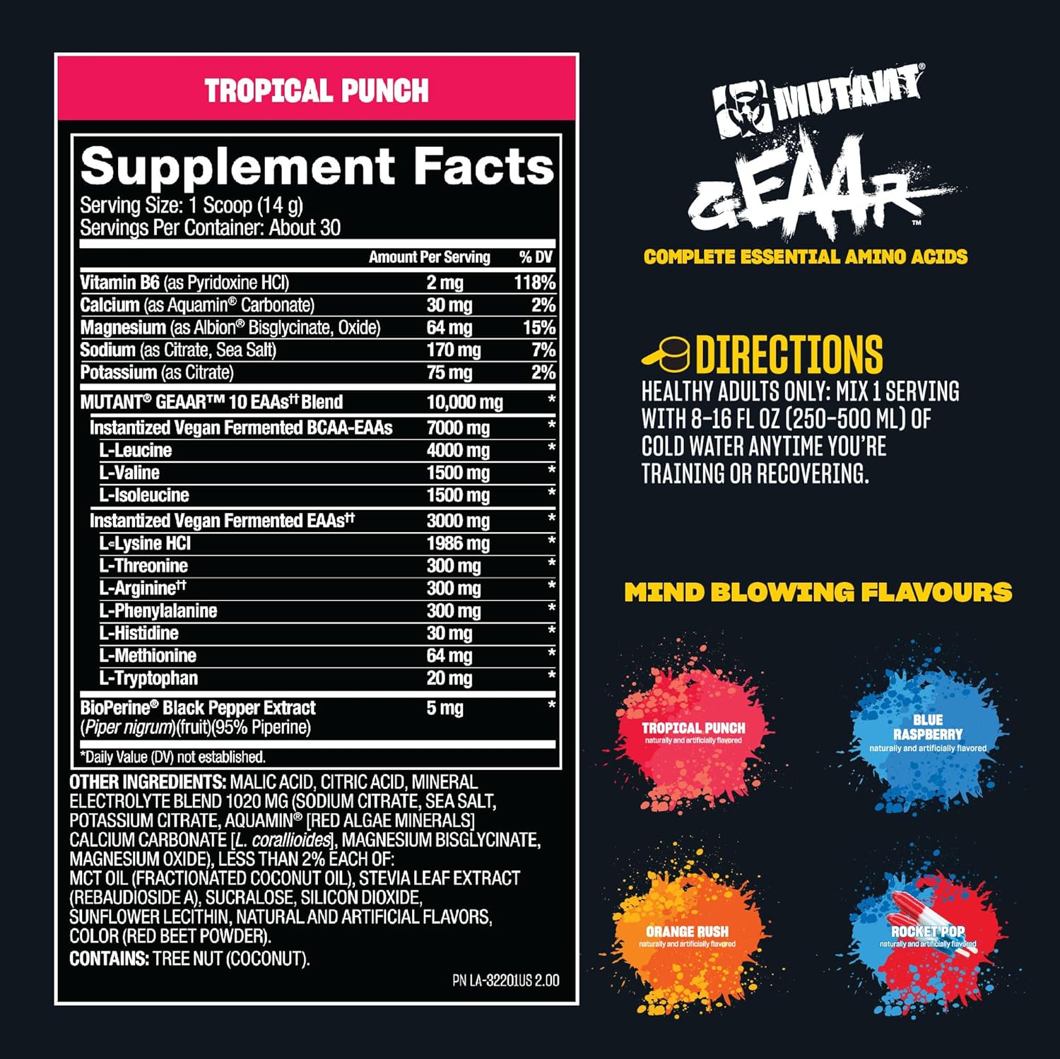 Mutant GEAAR-etikett med Supplement Facts och smakvarianter.