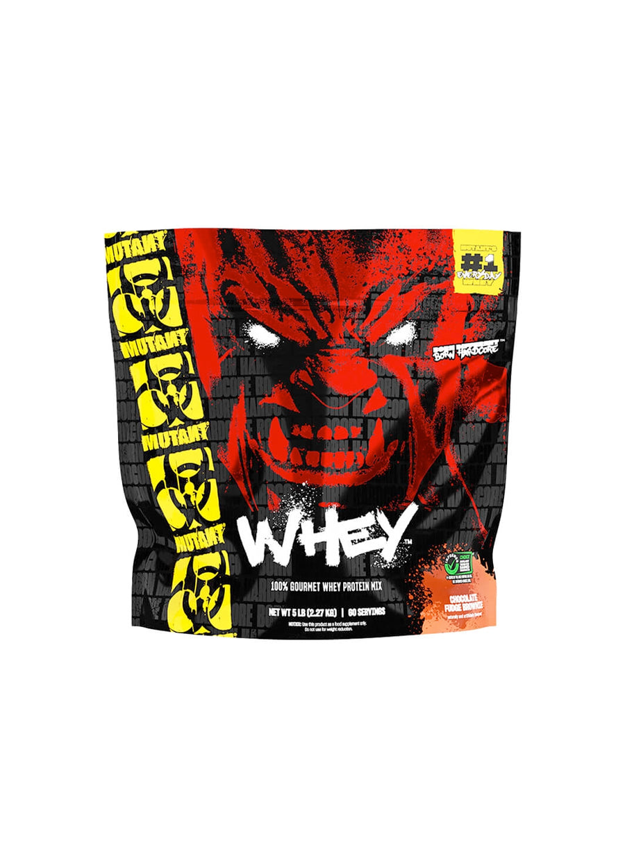 Mutant Whey proteinpulverpåse med svart-röd skallegrafik och texten WHEY