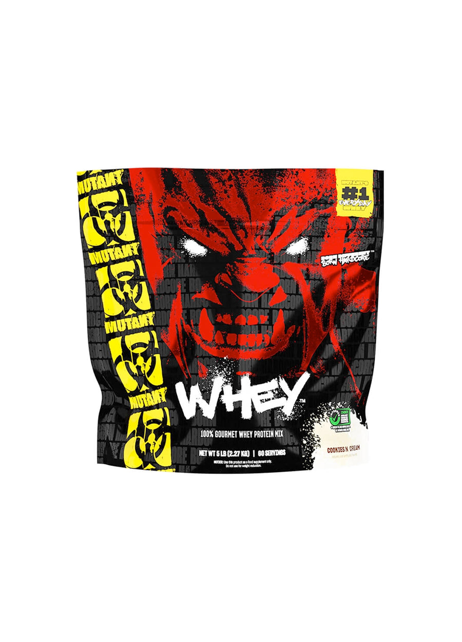 Mutant Whey proteinpulverpåse, svart och röd, med skalle och WHEY