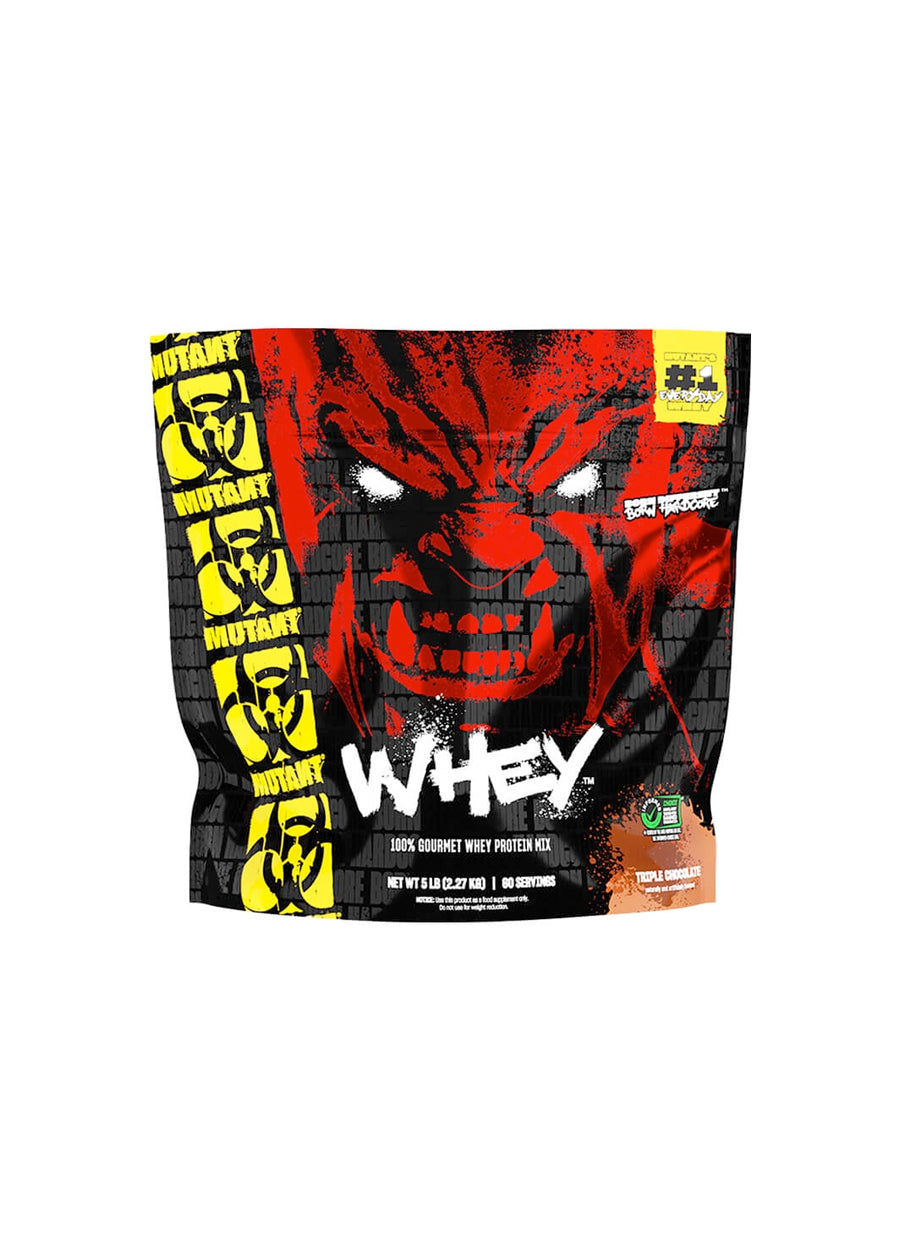 Mutant Whey proteinpulverpåse i svart och röd med WHEY-logotyp