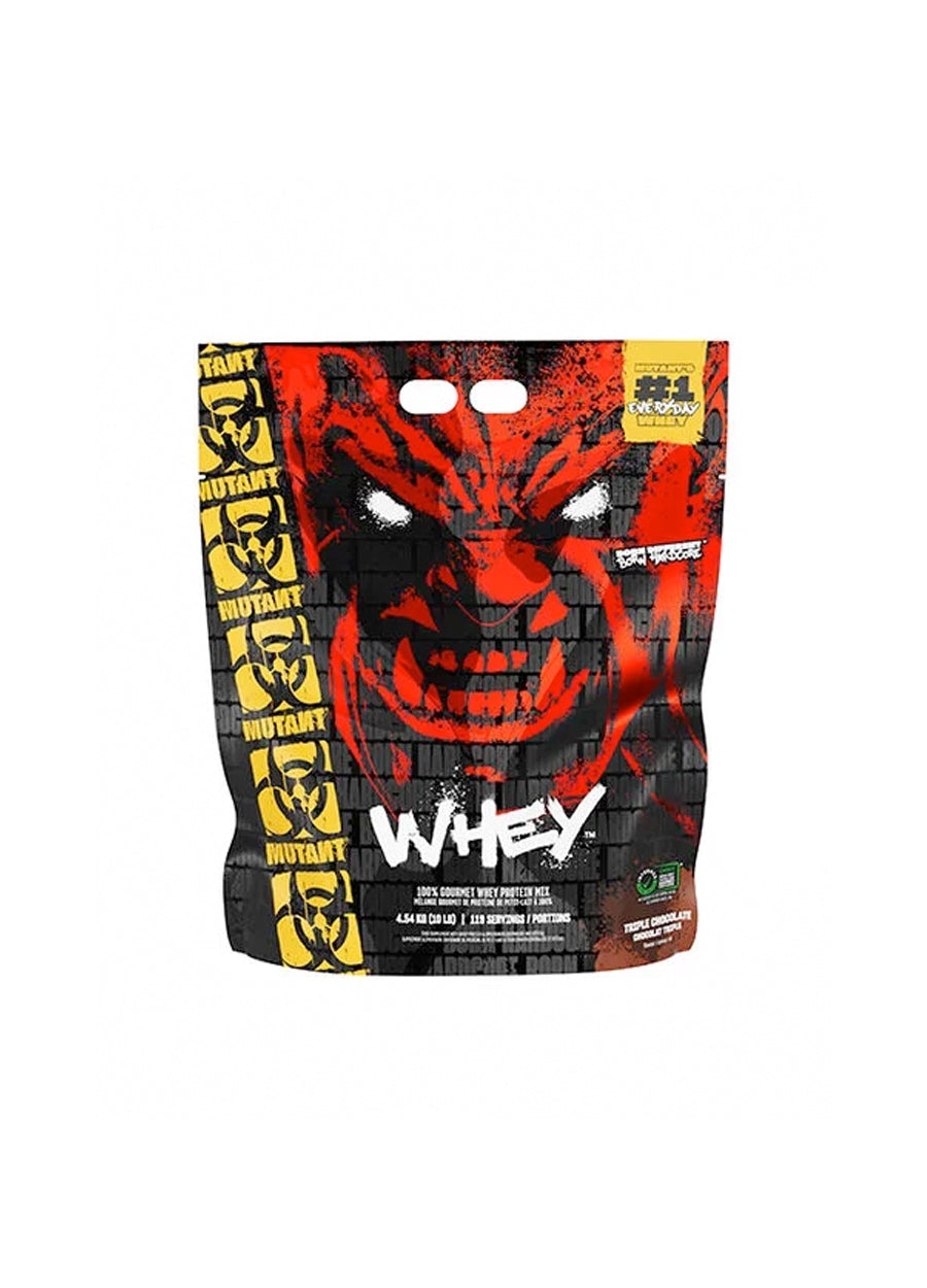 Proteinpulverpåse 4,54 kg, front med röd mutantgrafik och Whey-text