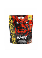 Proteinpulverpåse 4,54 kg, front med röd mutantgrafik och Whey-text