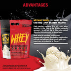 Mutant Whey-påse med fördelar-ruta och vit krämig stänkillustration