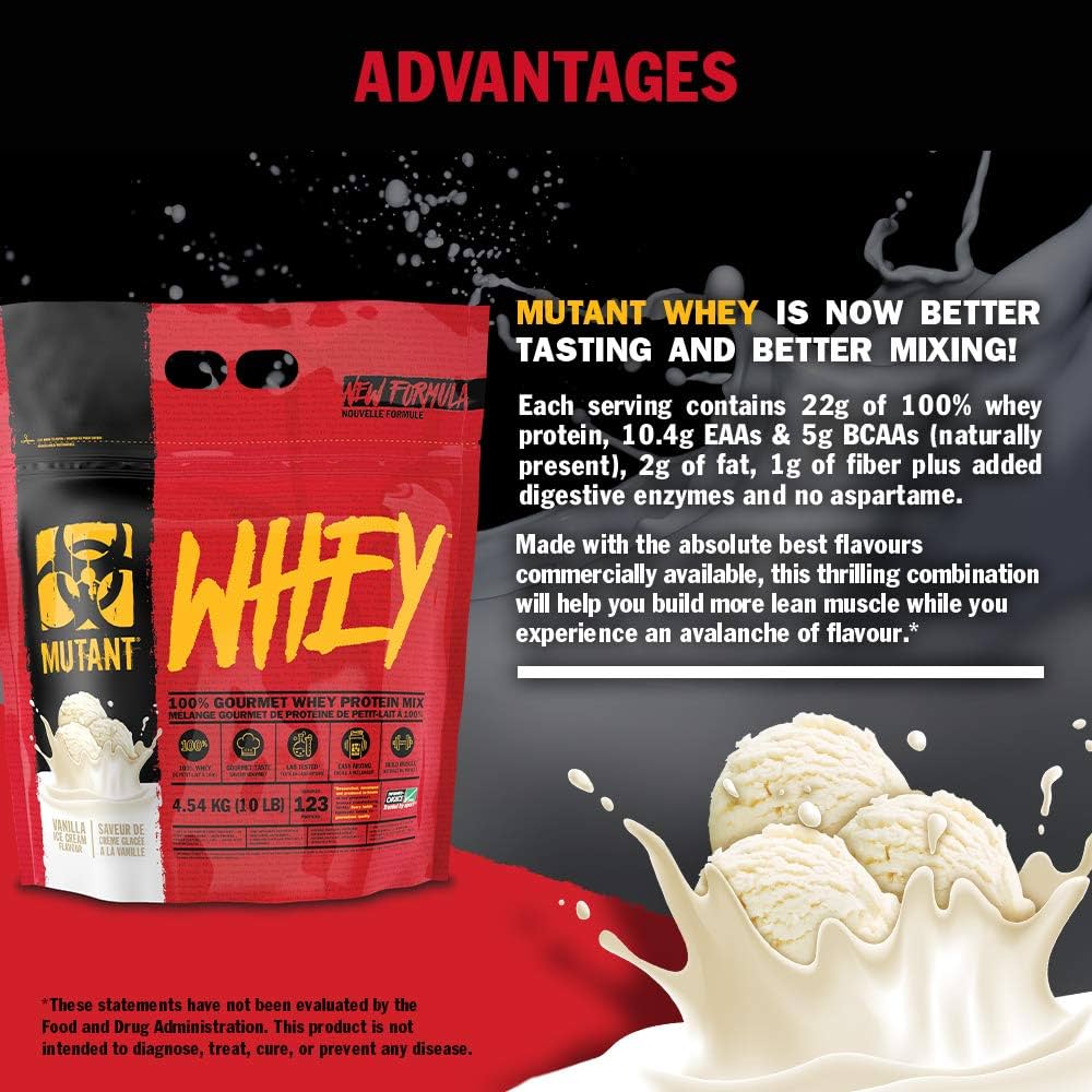 Mutant Whey-påse med fördelartext, röd bakgrund och vit skumillustration