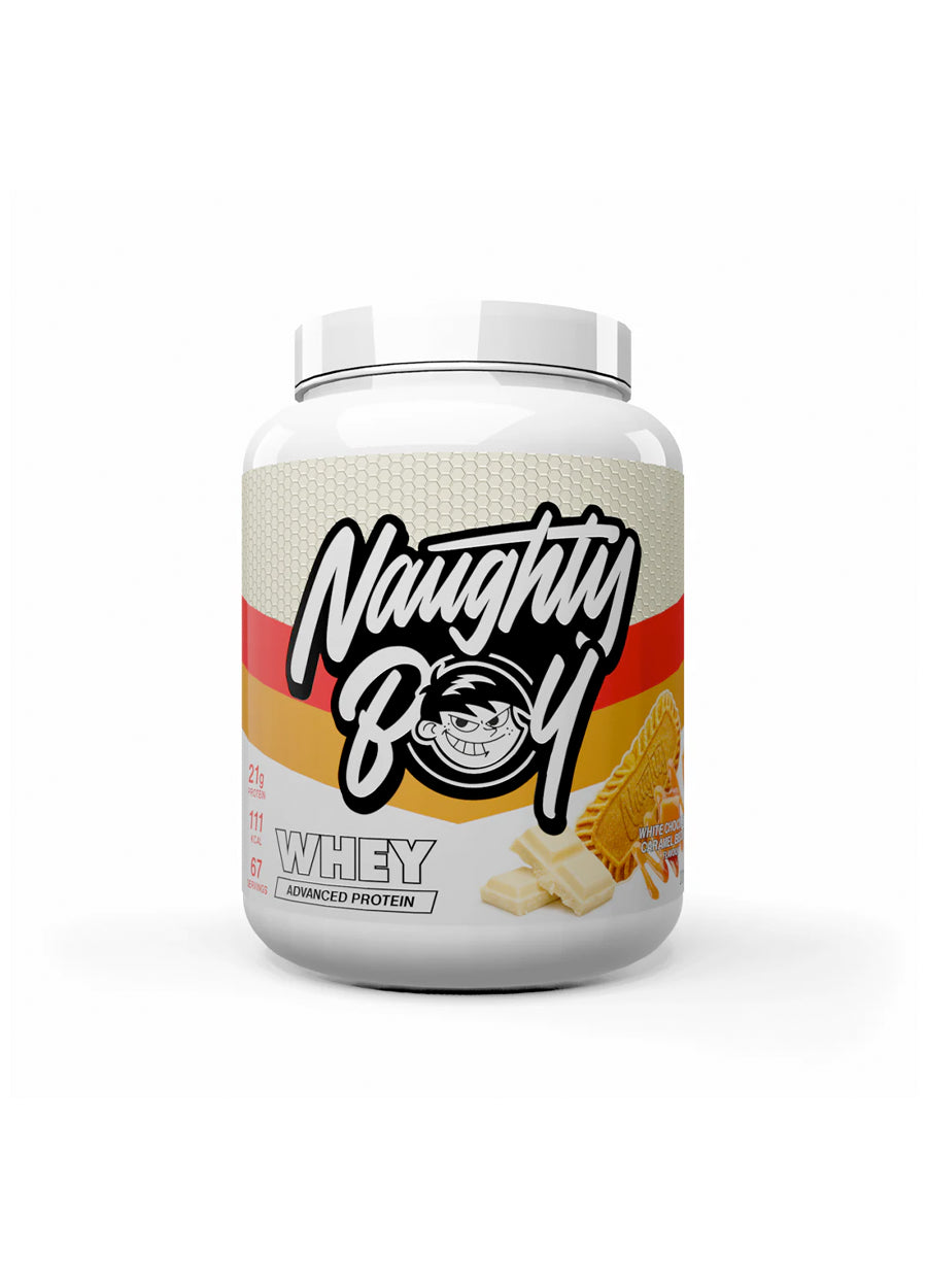 Naughty Boy Advanced Whey 2010g White Chocolate Caramel Biscuit Framsida
