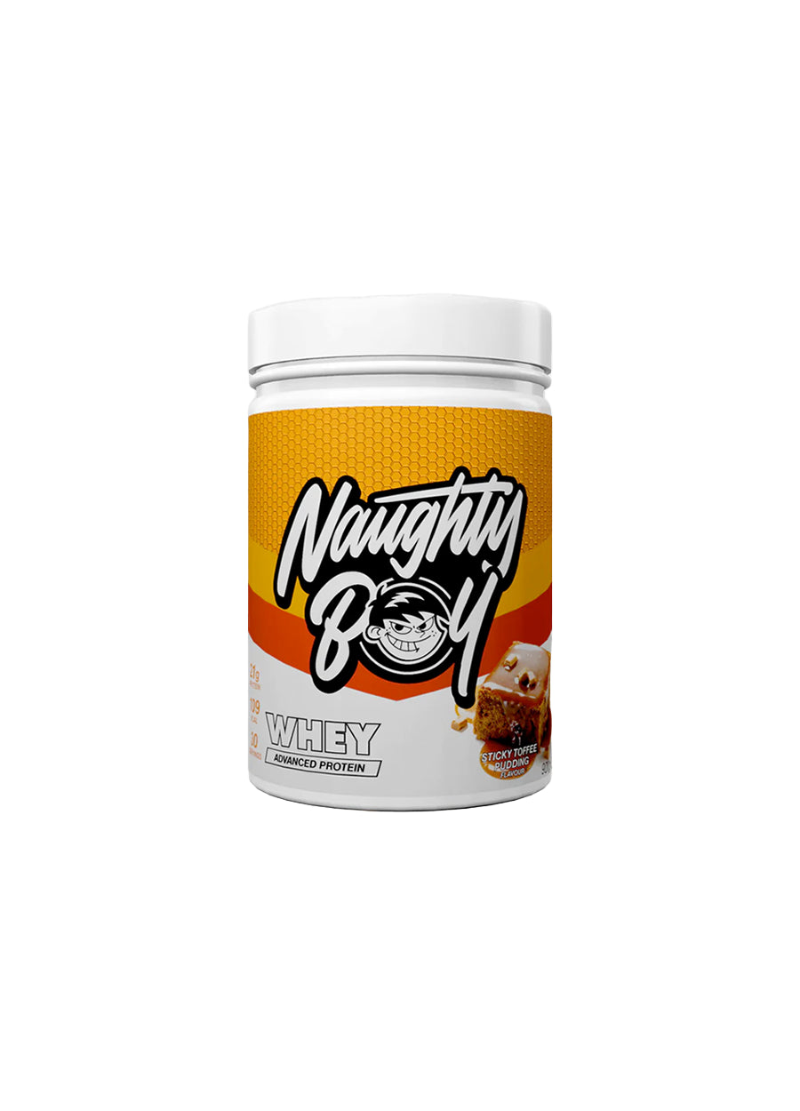 Whey-protein i burk från Naughty, orange etikett