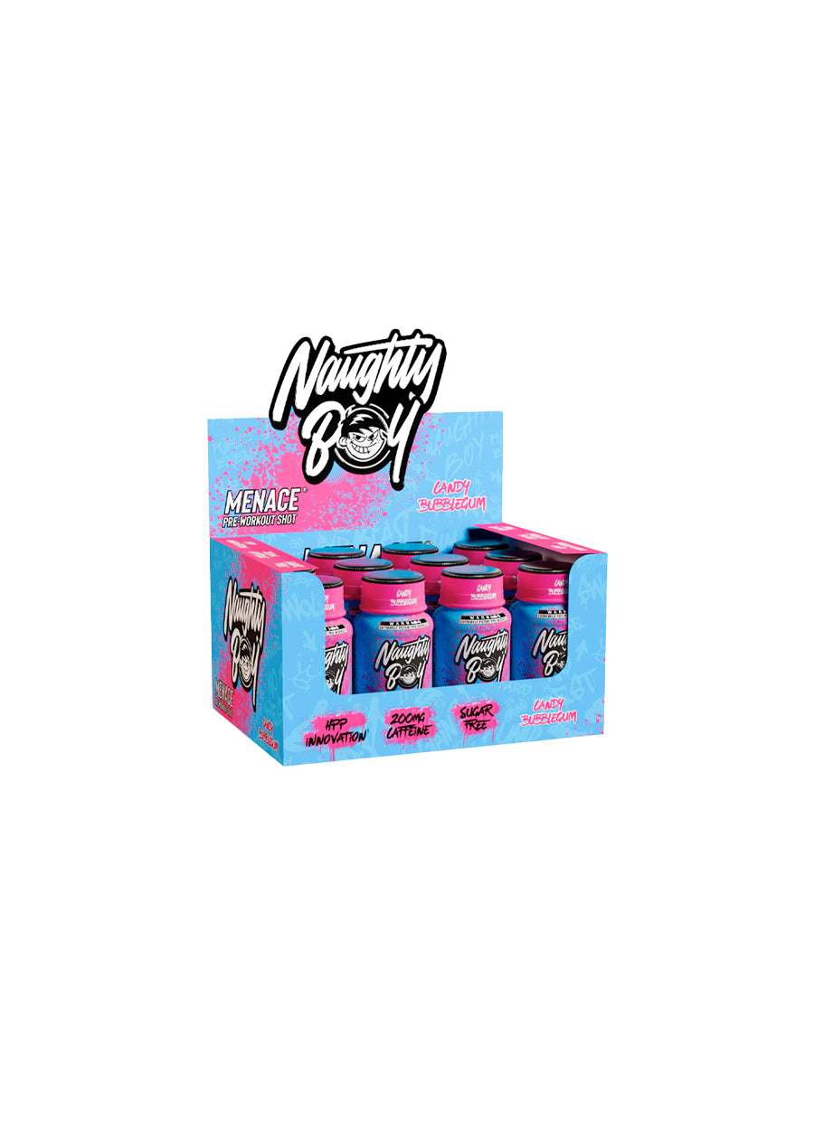 Naughty Boy Menace Pre-Workout Shot 12 x 60ml Candy Bubblegum Framsida