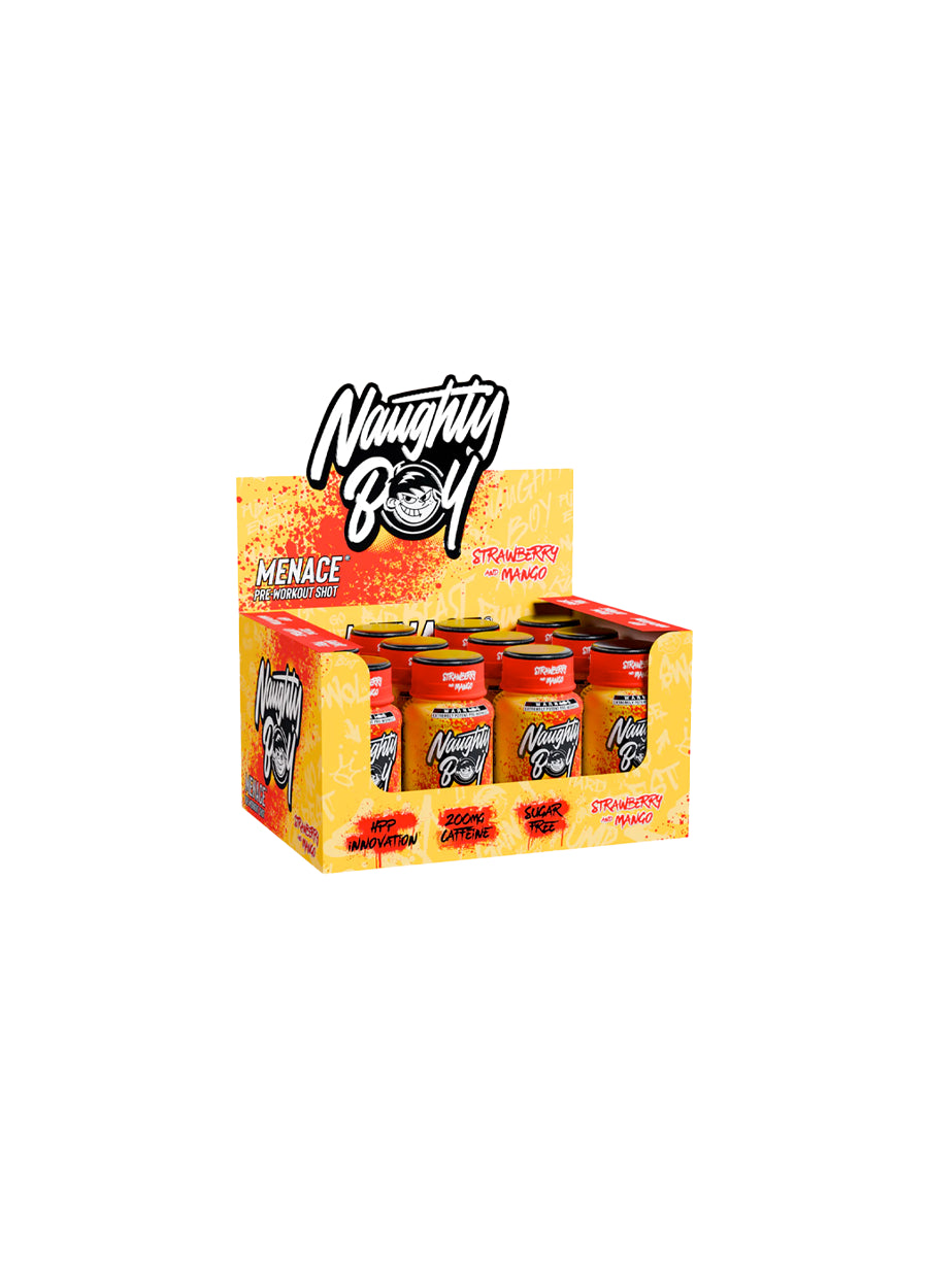 Pre-workout shots 12-pack i kartong, orange flaskor med röd kapsyl
