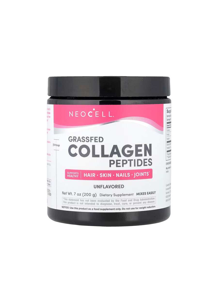 Kollagenpeptider i burk med svart lock, etikett Unflavored och rosa detaljer