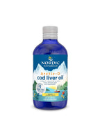 Nordic Naturals Arctic-D cod liver oil flaska i blått med skruvlock och citonetikett