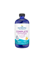 Omega-tillskottflaska Nordic Naturals Complete Omega med citronsmak, blå flaska och etikett.