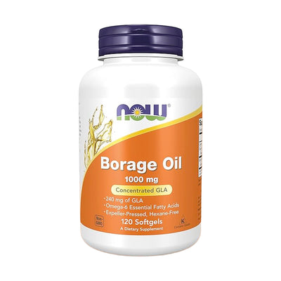 NOW Foods borrago-olja 1000 mg i vit flaska med lila lock, mjukgelkapslar