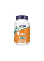 Boron 3 mg kosttillskott i vit plastflaska med blå kork, NOW.