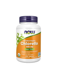 NOW Chlorella 500 mg tillskott i vit burk med lila lock, grön etikett.