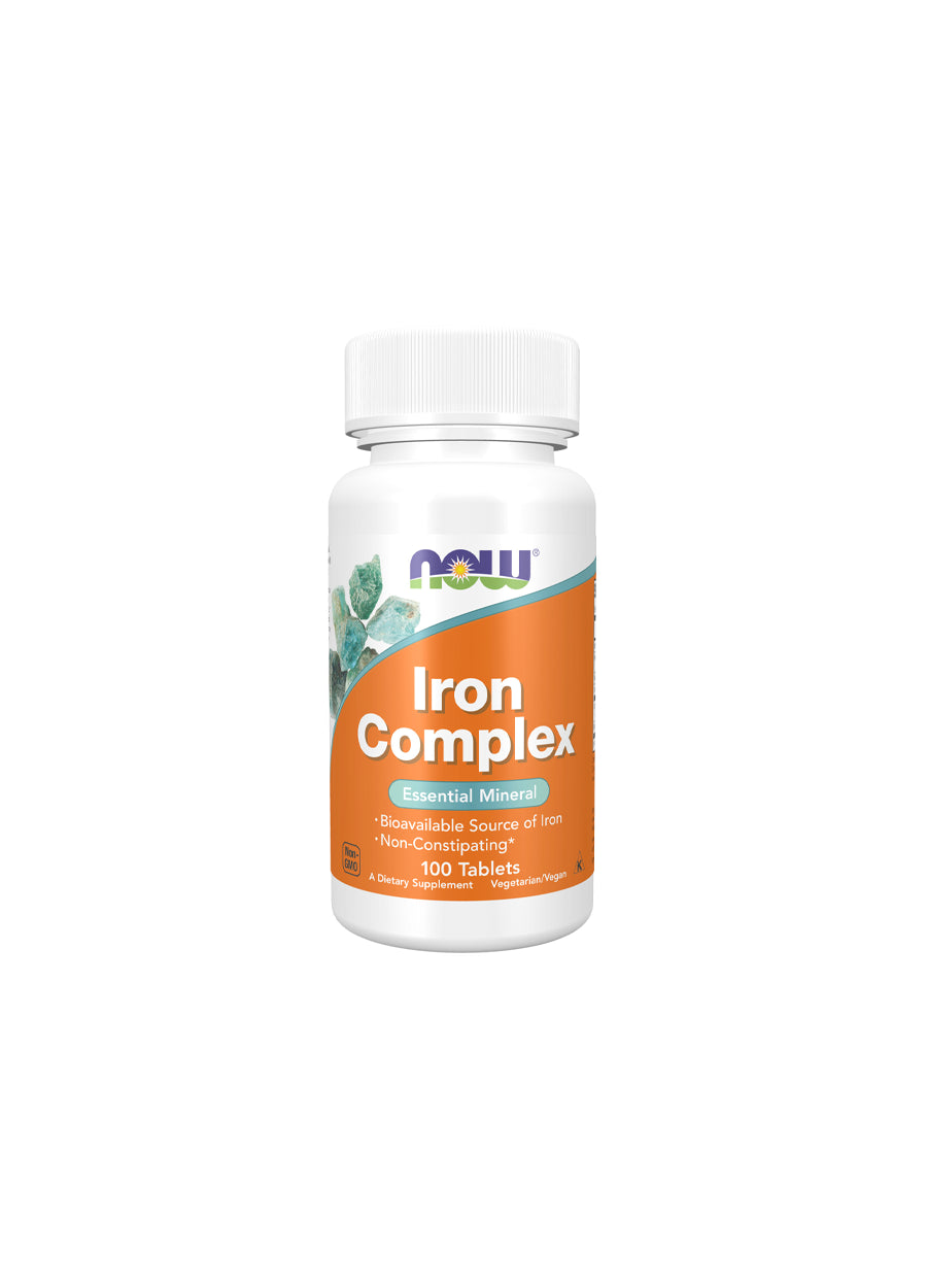 NOW Iron Complex kosttillskott i vit burk med vit skruvkork och etikett