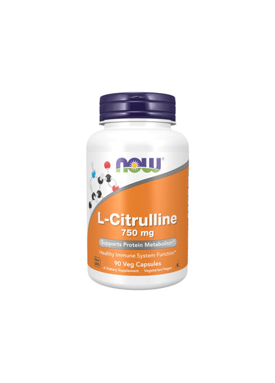 NOW Foods L-Citrulline 750 mg kapslar i flaska med mörkblått lock