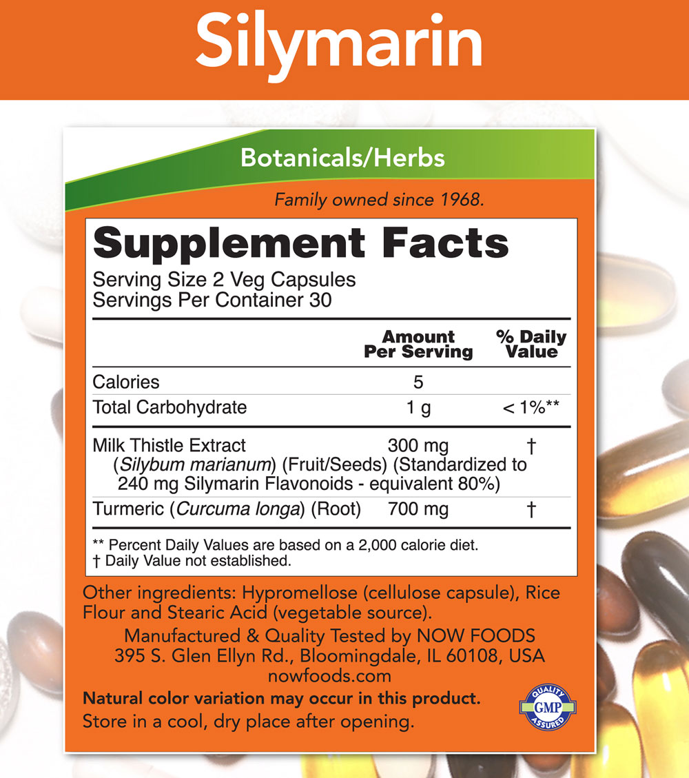 Etikett med Supplement Facts för Silymarin kapslar, innehåll av mjölktistel och gurkmeja