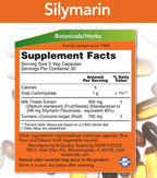 Etikett med Supplement Facts för Silymarin kapslar, innehåll av mjölktistel och gurkmeja