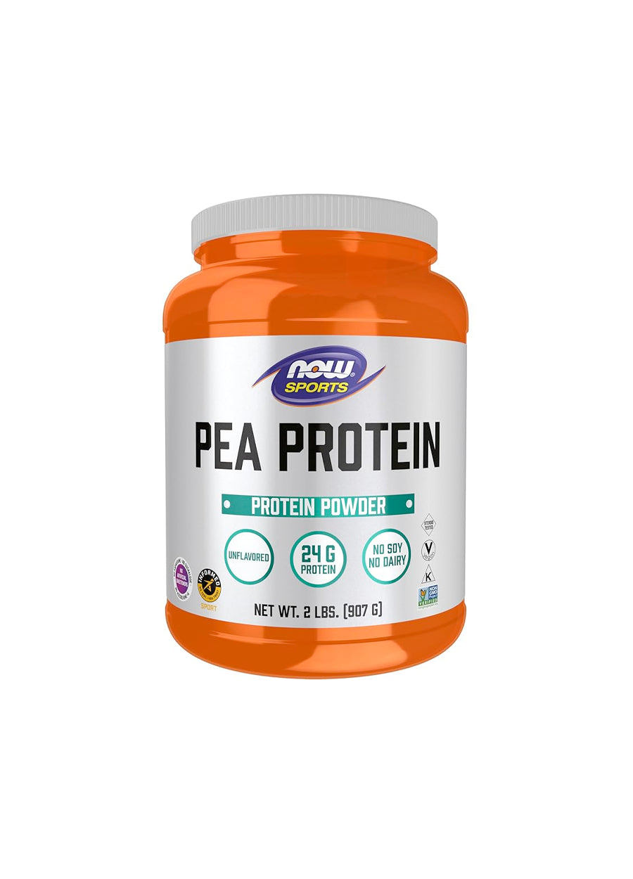 NOW Foods peaproteinburk med orange lock och etikett