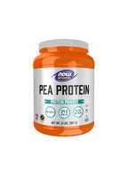 NOW Foods peaproteinburk med orange lock och etikett