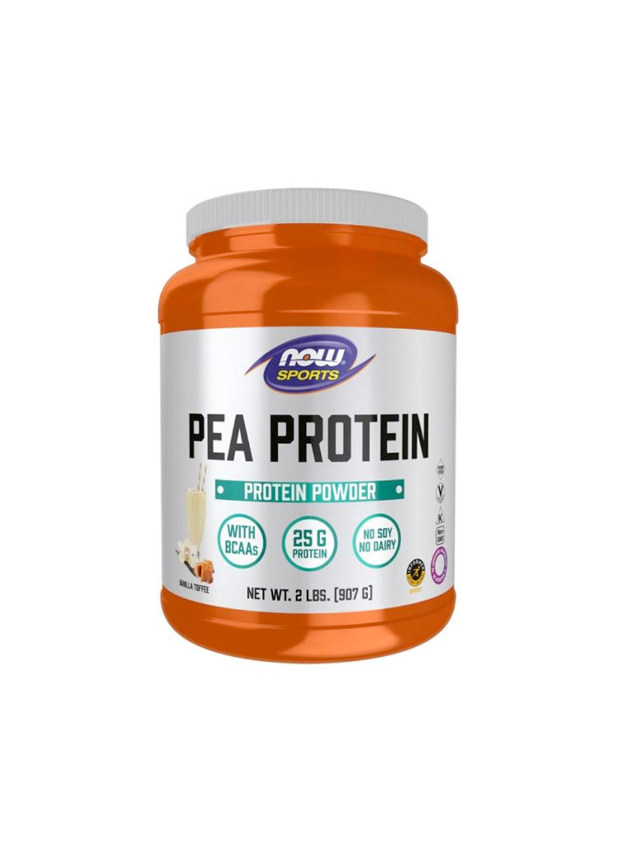 NOW Sports ärtproteinpulver i orangevit burk med lock och etikett