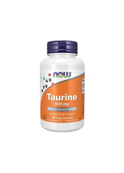 Taurin 500 mg kapseltillskott i vit burk med blå lock, 100 kapslar