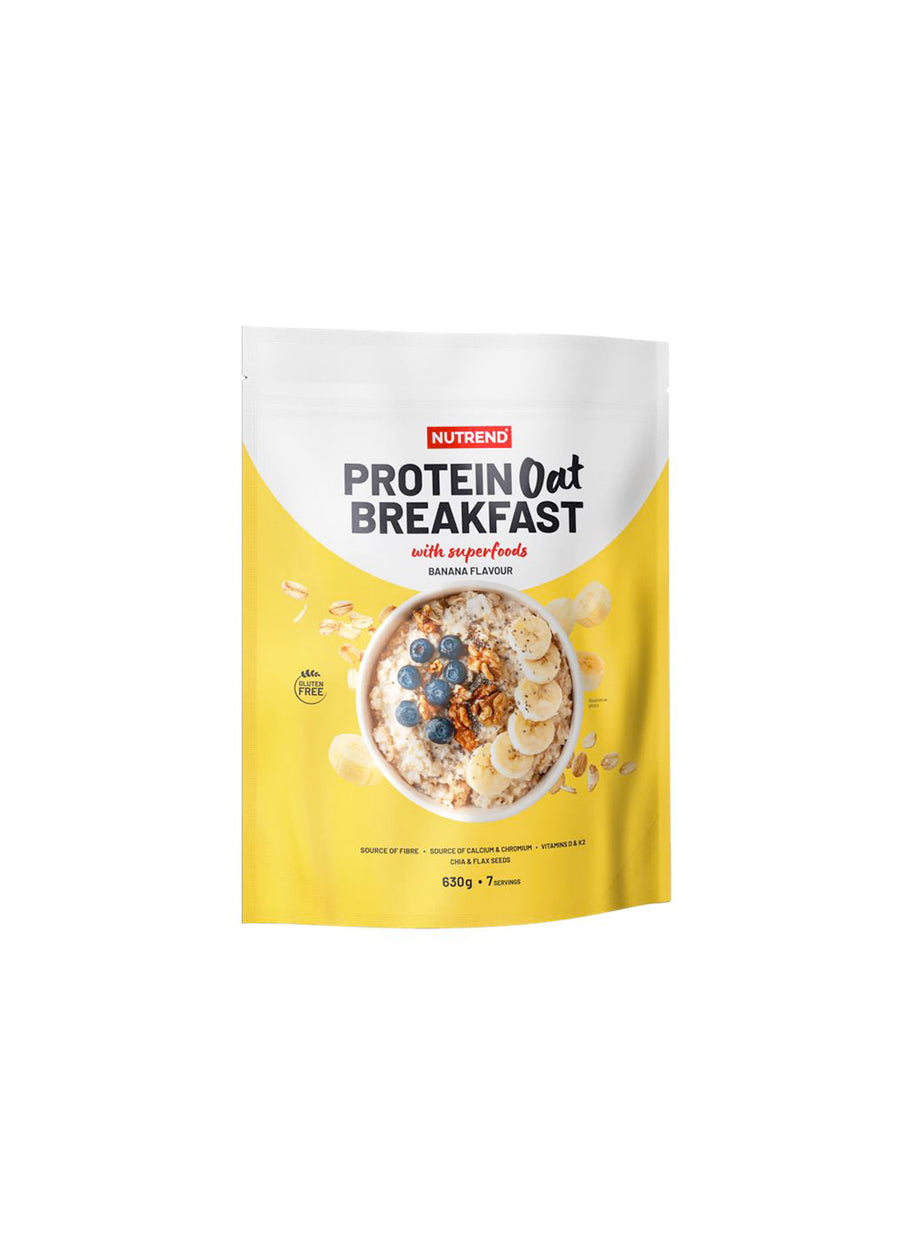 Nutrend protein havregrynsfrukostpåse med superfrukter, gul design.