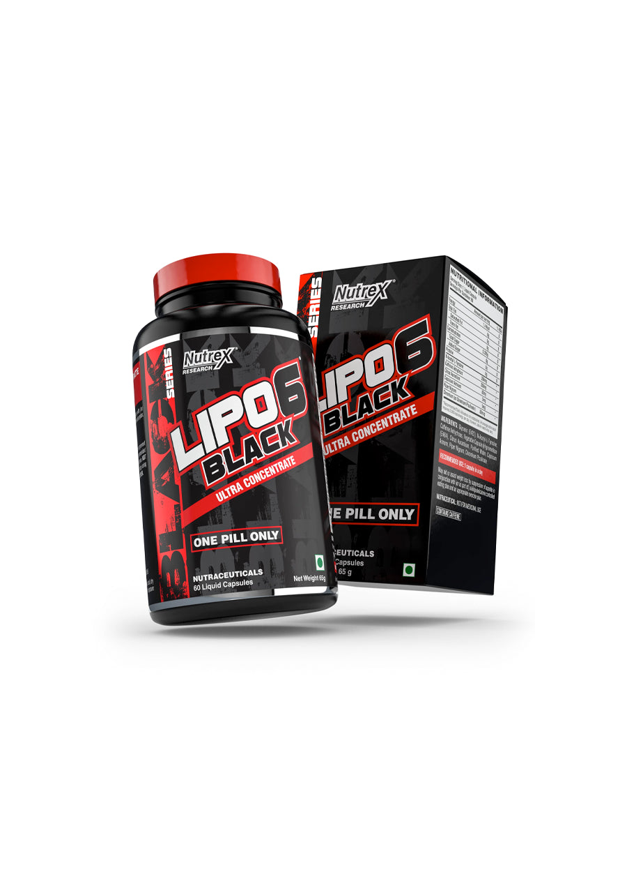Nutrex Lipo-6 Black kapselburk och förpackningskartong, röd och svart etikett