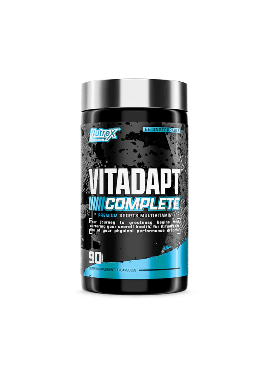 Kapseltillskottflaska med Vitadapt Complete-etikett, svart med blå detaljer.