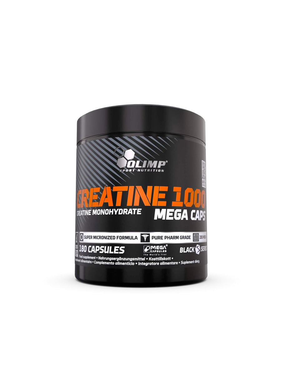 Kapseltub med svart lock och etikett för Creatine 1000, 180 kapslar, Olimp Nutrition
