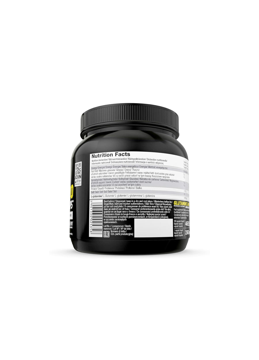 Olimp Nutrition glutamin MEGA CAPS, svart burk med etikett baksida