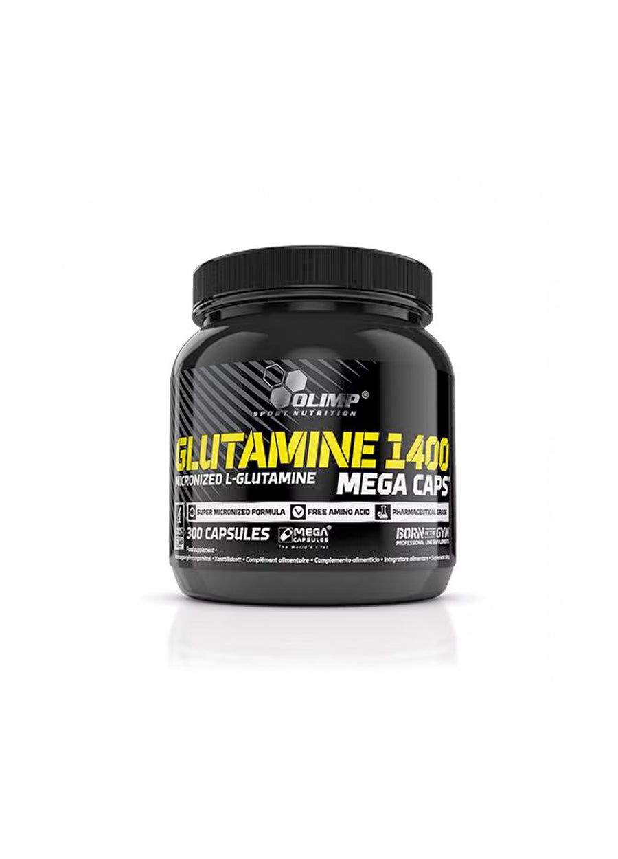 Olimp Nutrition glutamin MEGA CAPS, svart burk med etikett fram