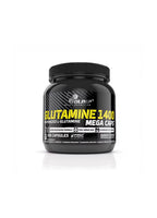 Olimp Nutrition glutamin MEGA CAPS, svart burk med etikett fram