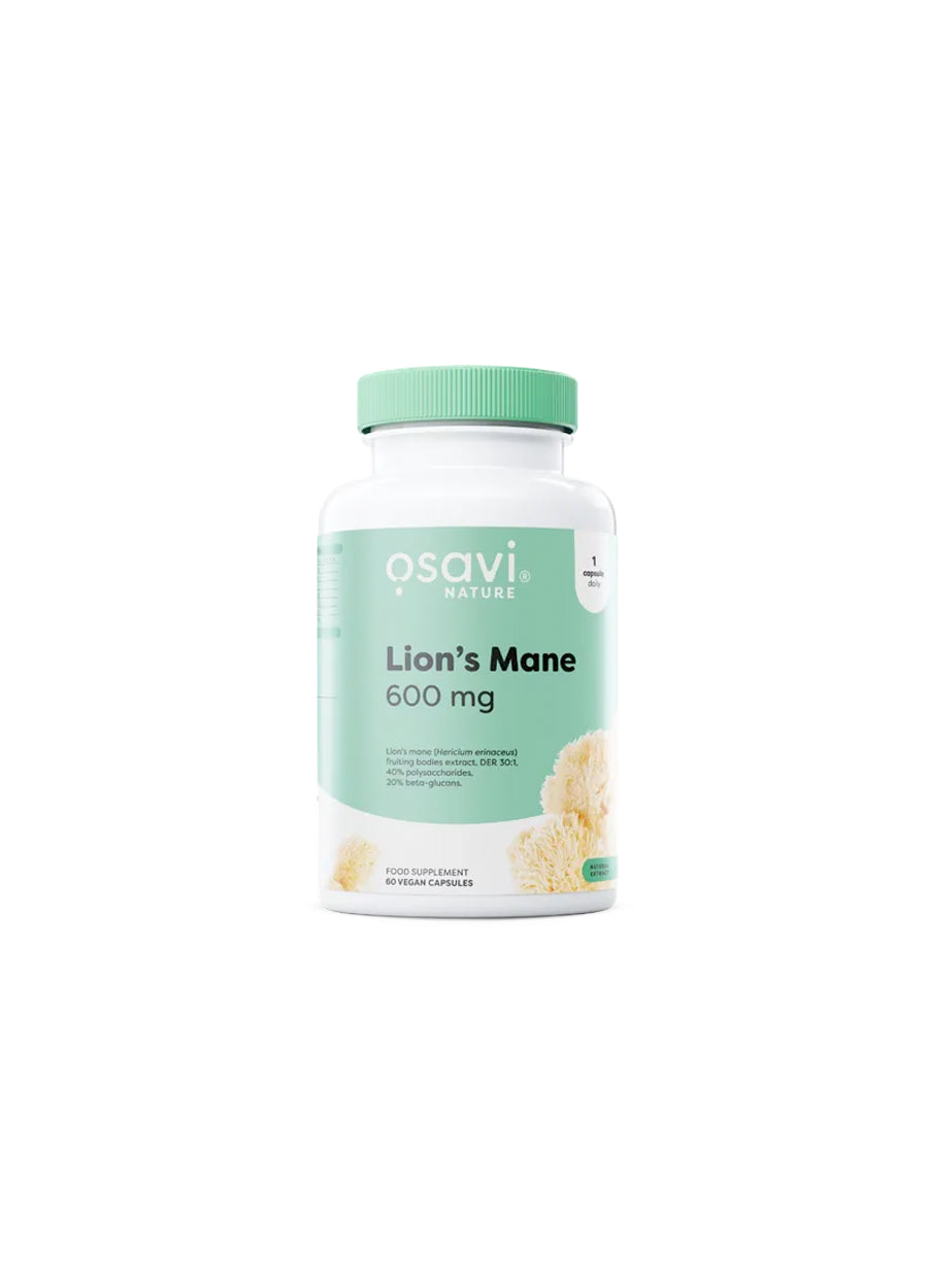 Osavi Lion’s Mane 600 mg kosttillskott i vit burk med grön lock