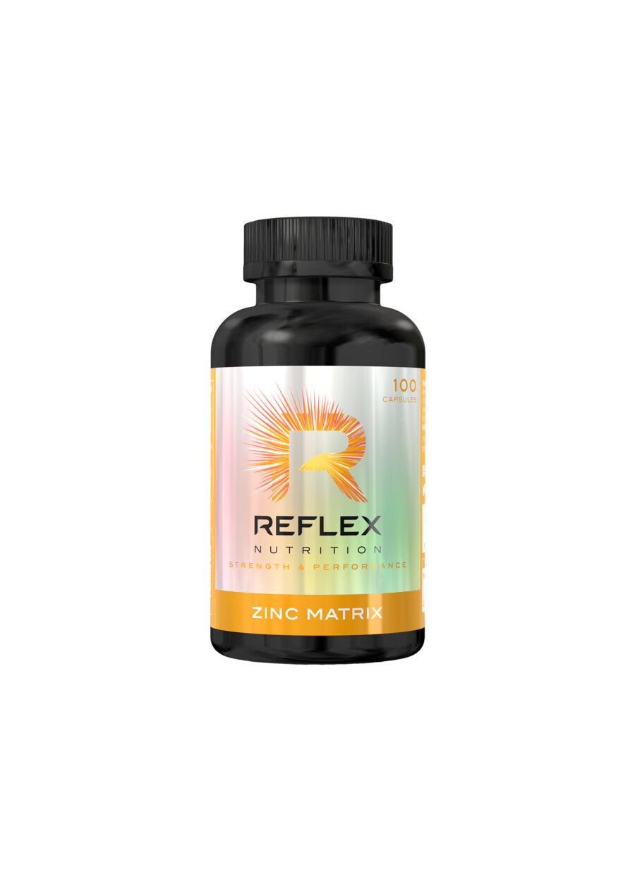 Reflex Nutrition Zinc Matrix-flaska med kapslar, svart lock och orange etikett.