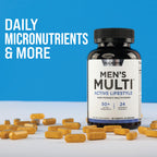Kosttillskottflaska Rule One Men's Multi med svart kapsyl och gula tabletter.