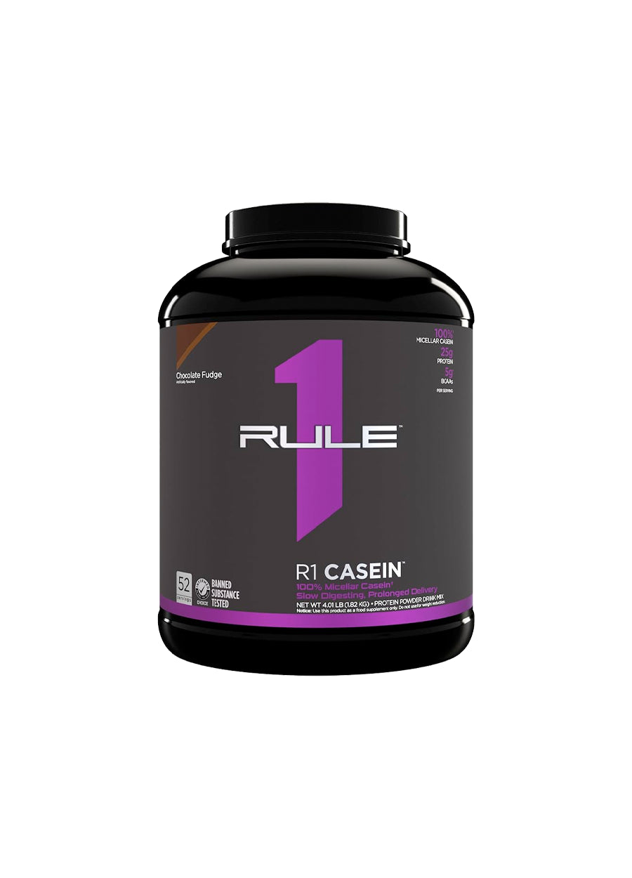 Kaseintillskott R1 Casein 1800 g, rund svart burk med lila detalj