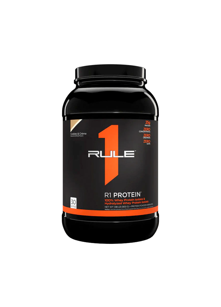 Rule One proteinflaska, svart med orange rand och förslutet lock