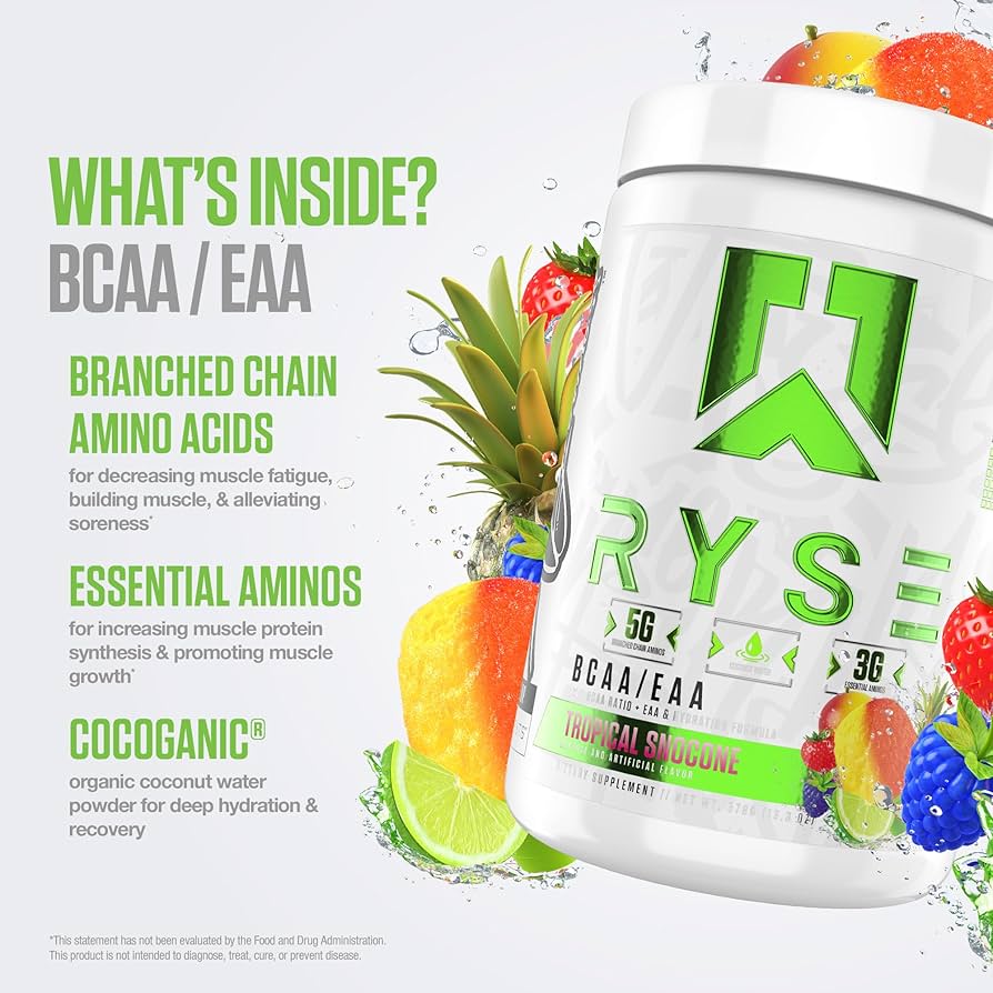 Kosttillskott i vit burk med “What’s inside? BCAA/EAA” och lime- och bärillustrationer