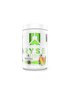 Kosttillskott i vit burk med grön RYSE-logotyp och fruktmotiv