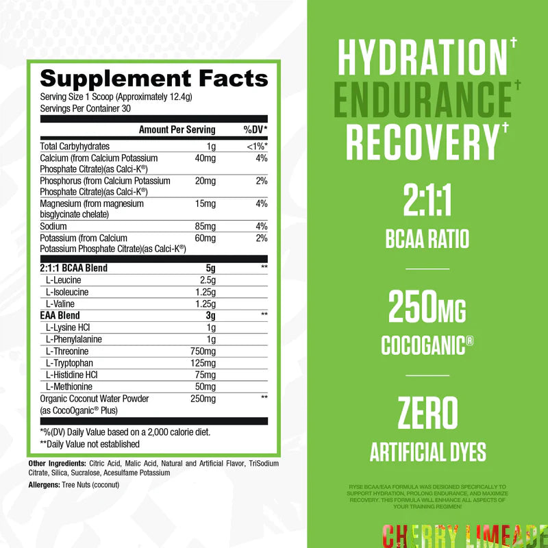 Etikett med “Hydration+ Endurance Recovery”, BCAA 2:1 och “Supplement Facts”