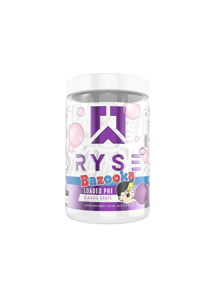 RYSE loaded pre-burk med Bazooka Classic Grape-smak, framsida och lila grafik