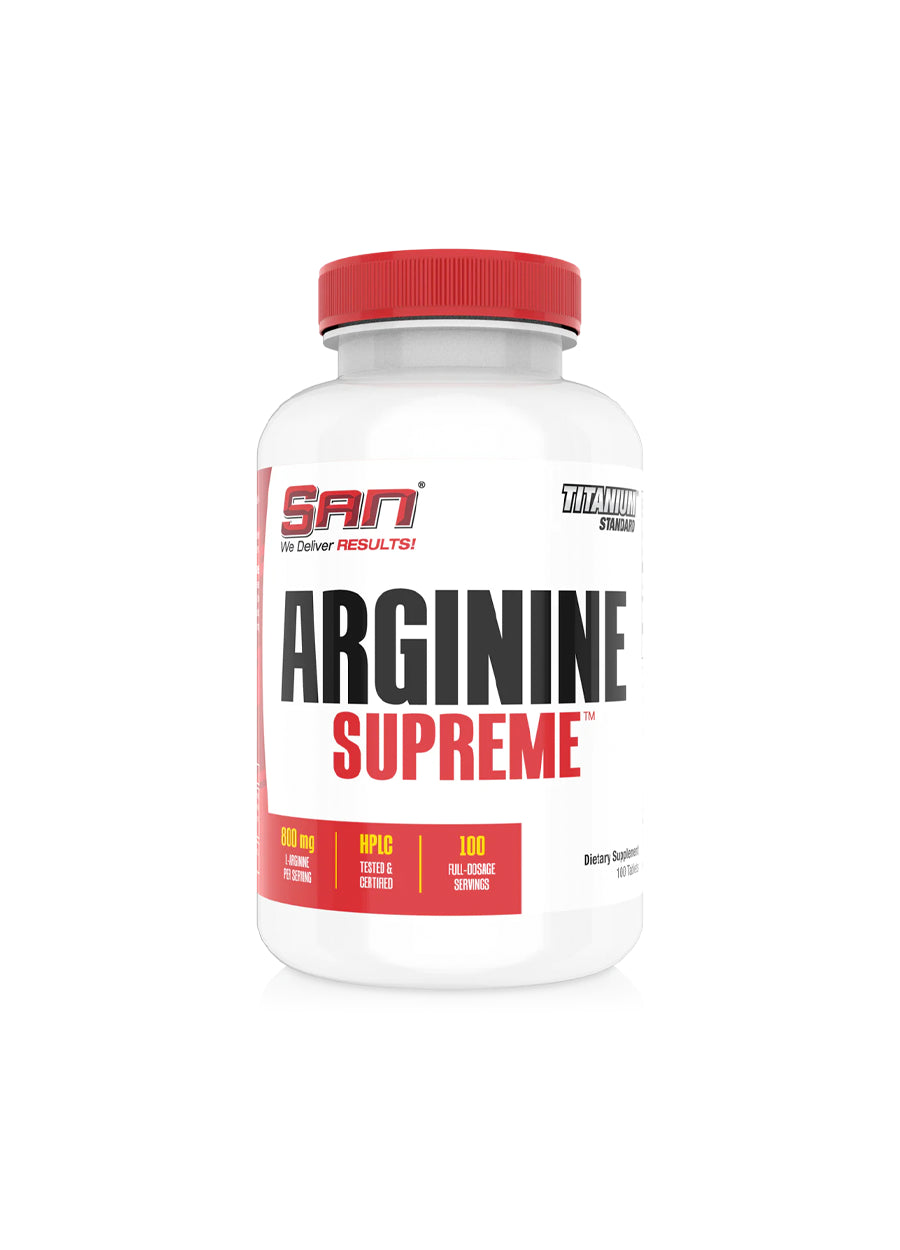 SAN Arginine Supreme kosttillskott: vit burk med röd skruvlock och etikett