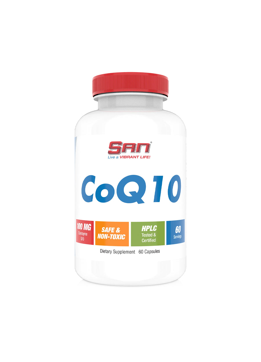 CoQ10-kapslar i vit burk med röd skruvlock och SAN-logga